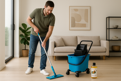 Man with bright blue wheeled mop bucket system