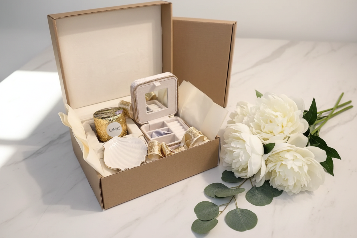 A beautifully arranged luxury gift box featuring a champagne velvet jewelry organizer, a white ceramic shell dish with a gold rim, and a hand-poured coconut wax candle. This curated set embodies elegance and sophistication, perfect for any occasion. The product is presented in a premium kraft box with a decorative ribbon.