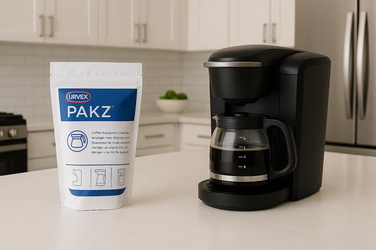 Modern kitchen scene with URVEX PAKZ cleaner and coffee maker with glass pot