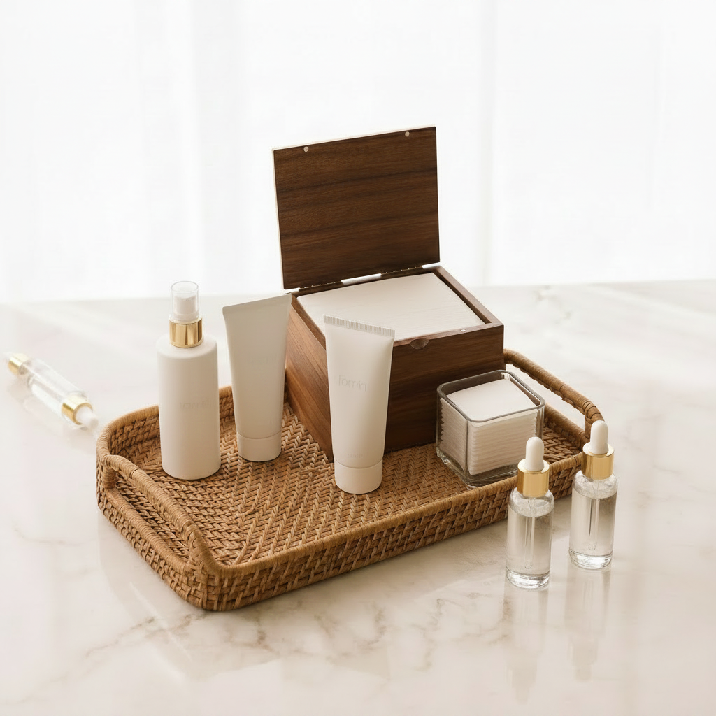 Natural woven vanity tray styled with wooden facial towel dispenser, clear square cotton pad holder, and minimalist skincare bottles on a marble countertop