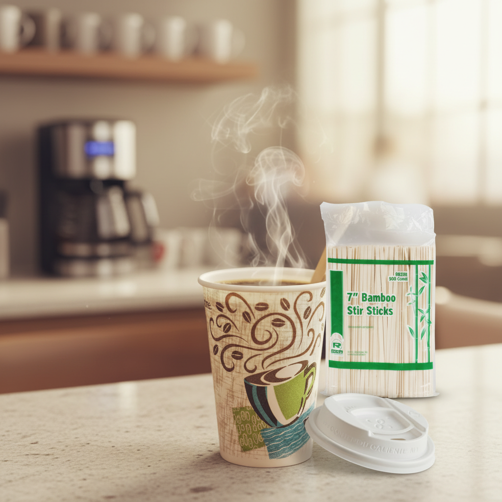Dixie PerfecTouch 12oz coffee cup with lid and 7-inch bamboo stir sticks set.