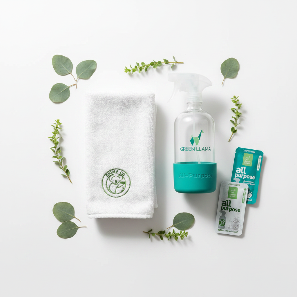 Flat lay of refillable glass cleaning spray bottle with teal silicone sleeve, dissolvable tablet packs, and reusable cleaning cloth.