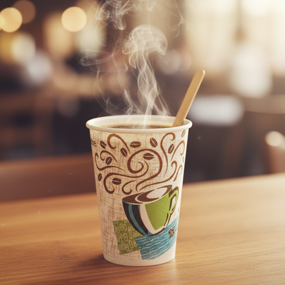 Paper coffee cup with bamboo stir stick in cozy cafe