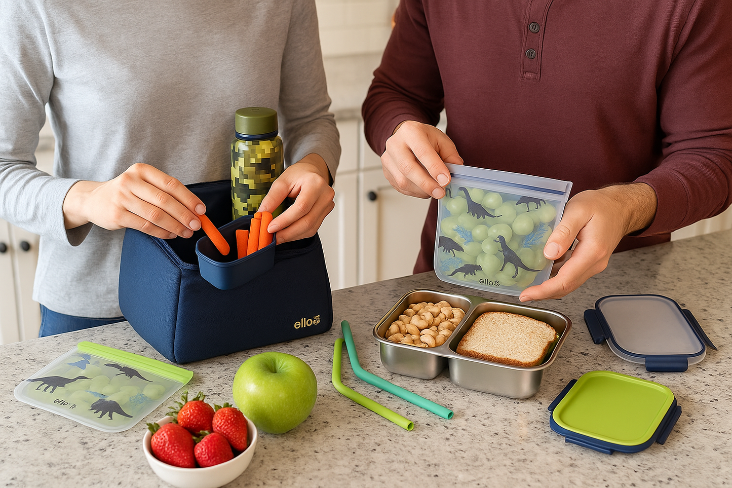 Parents packing Ello lunch set in kitchen