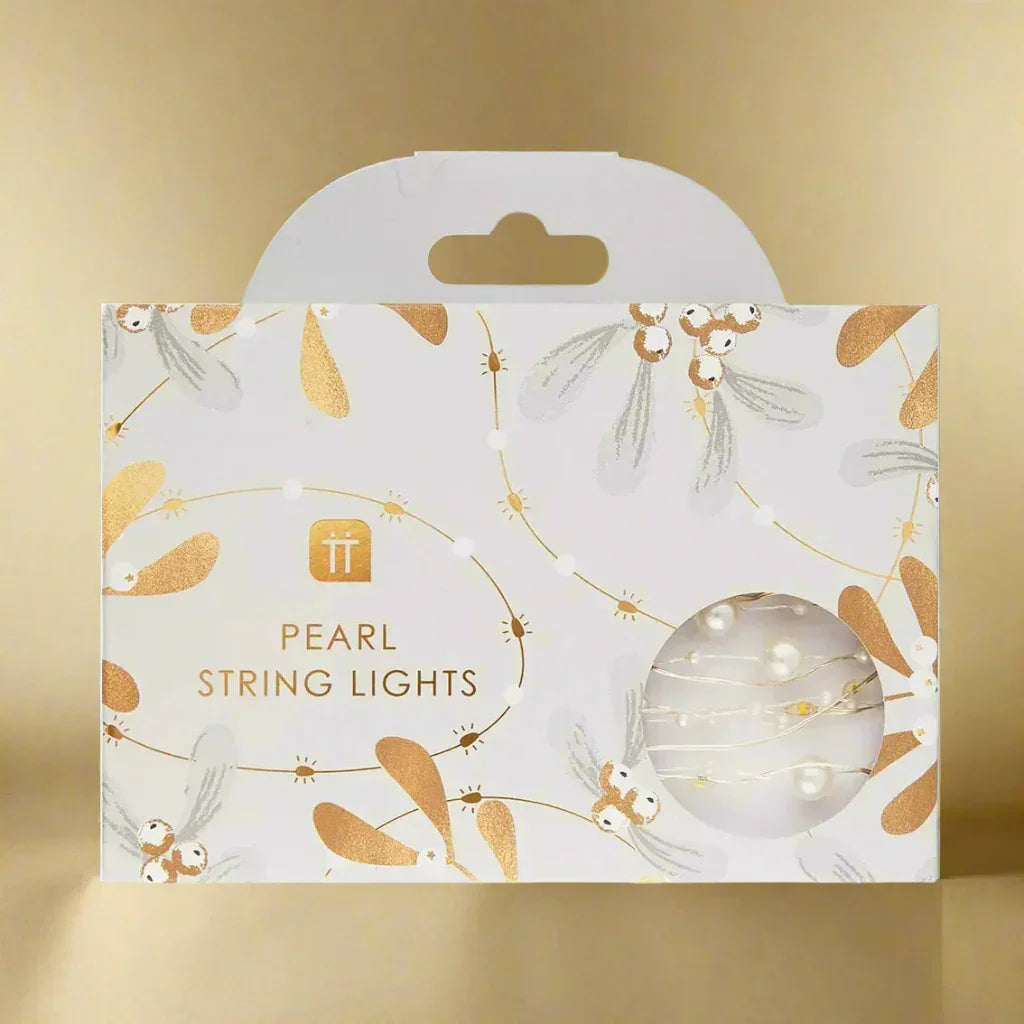 Pearl white bead LED string lights, 10 ft, in white and gold floral packaging