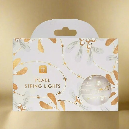 Pearl white bead LED string lights, 10 ft, in white and gold floral packaging