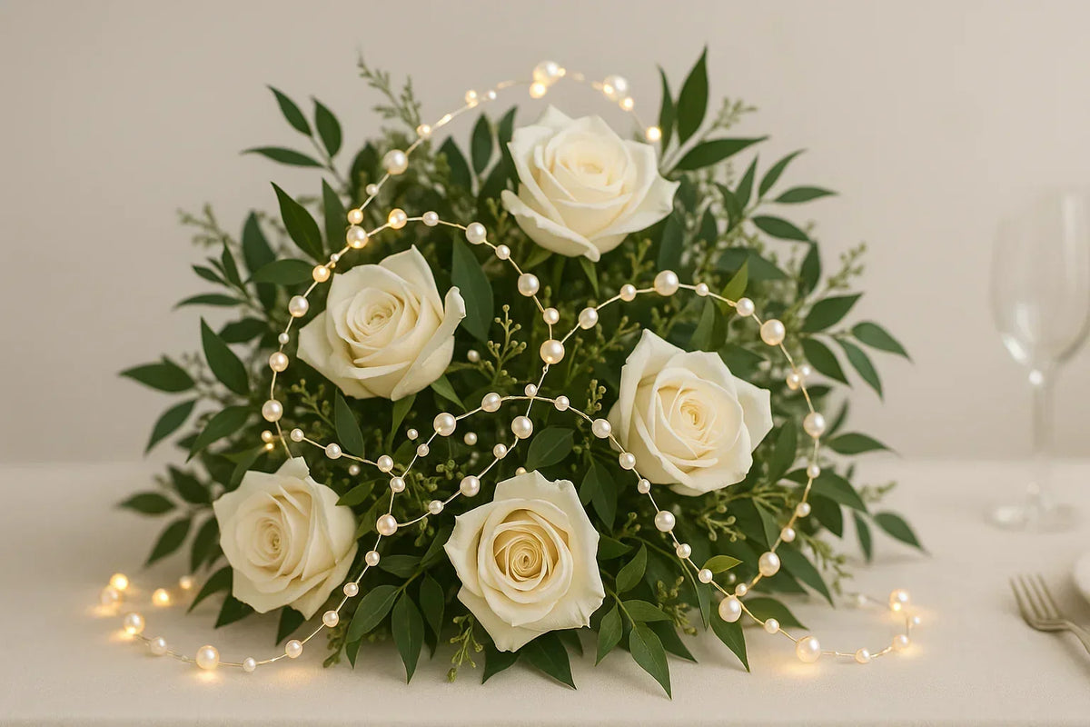 Pearl white bead string lights next to a white rose bouquet on a table