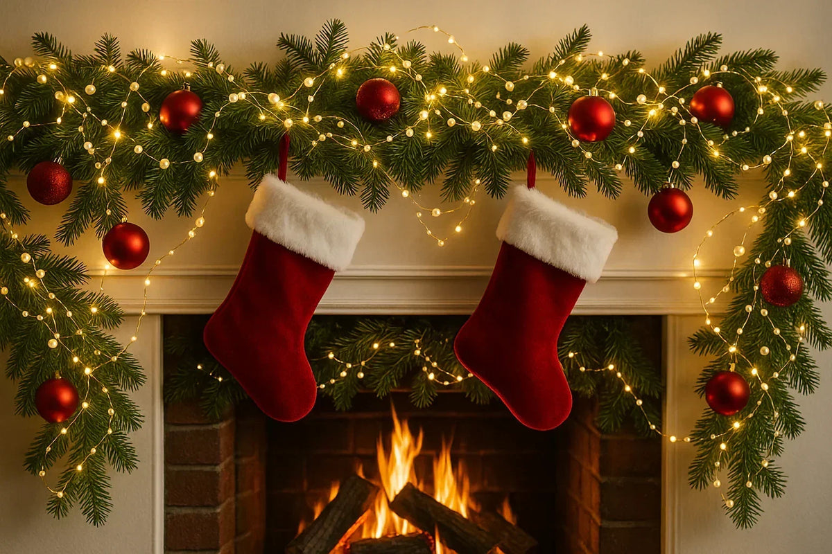 Pearl white bead string lights on a holiday mantel with garland and stockings