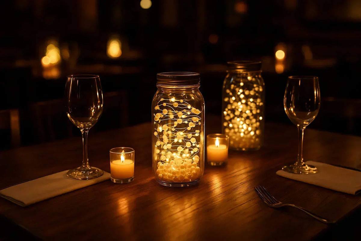 Pearl white bead string lights in a glass jar on a dinner table with candles