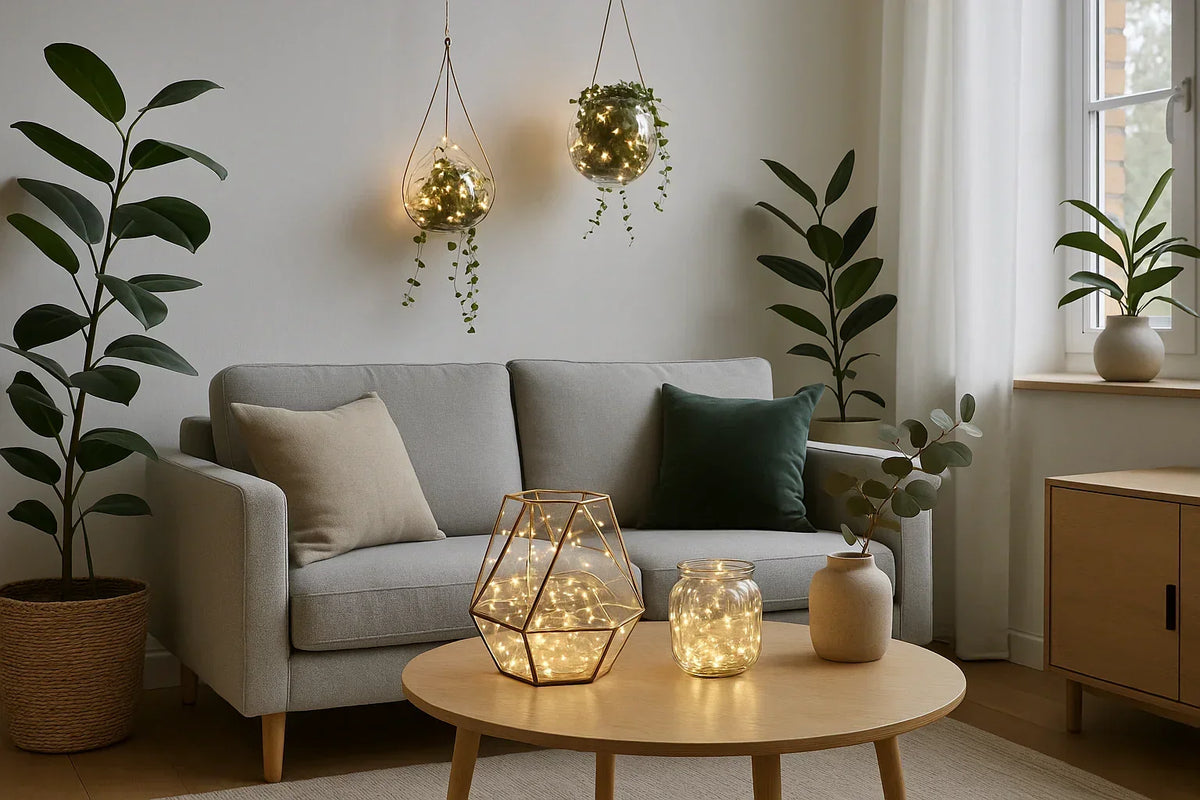 Pearl white bead string lights styled with plants and a coffee table in a living room