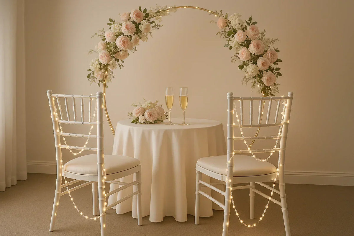 Pearl white bead string lights in a party table setup with champagne glasses