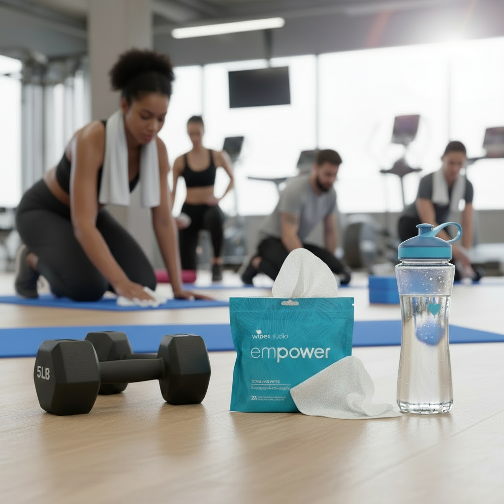 People cleaning mats in gym