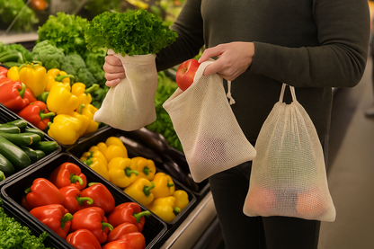 Person using secure mesh produce bags that contain all produce