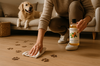Pet owner cleaning muddy paw prints