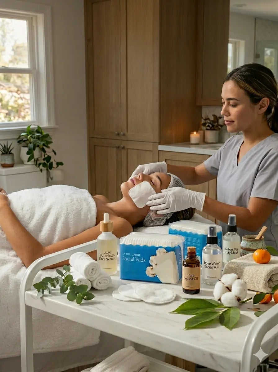 Professional salon facial treatment using Fomin Extra Large Facial Cotton Pads. A beautician in white gloves applying a large rectangular cotton pad to a client's face in a minimalist spa setting with premium skincare bottles.