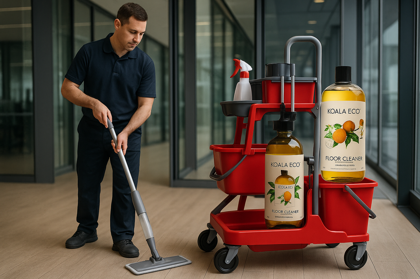 Professional with bright red cleaning cart system