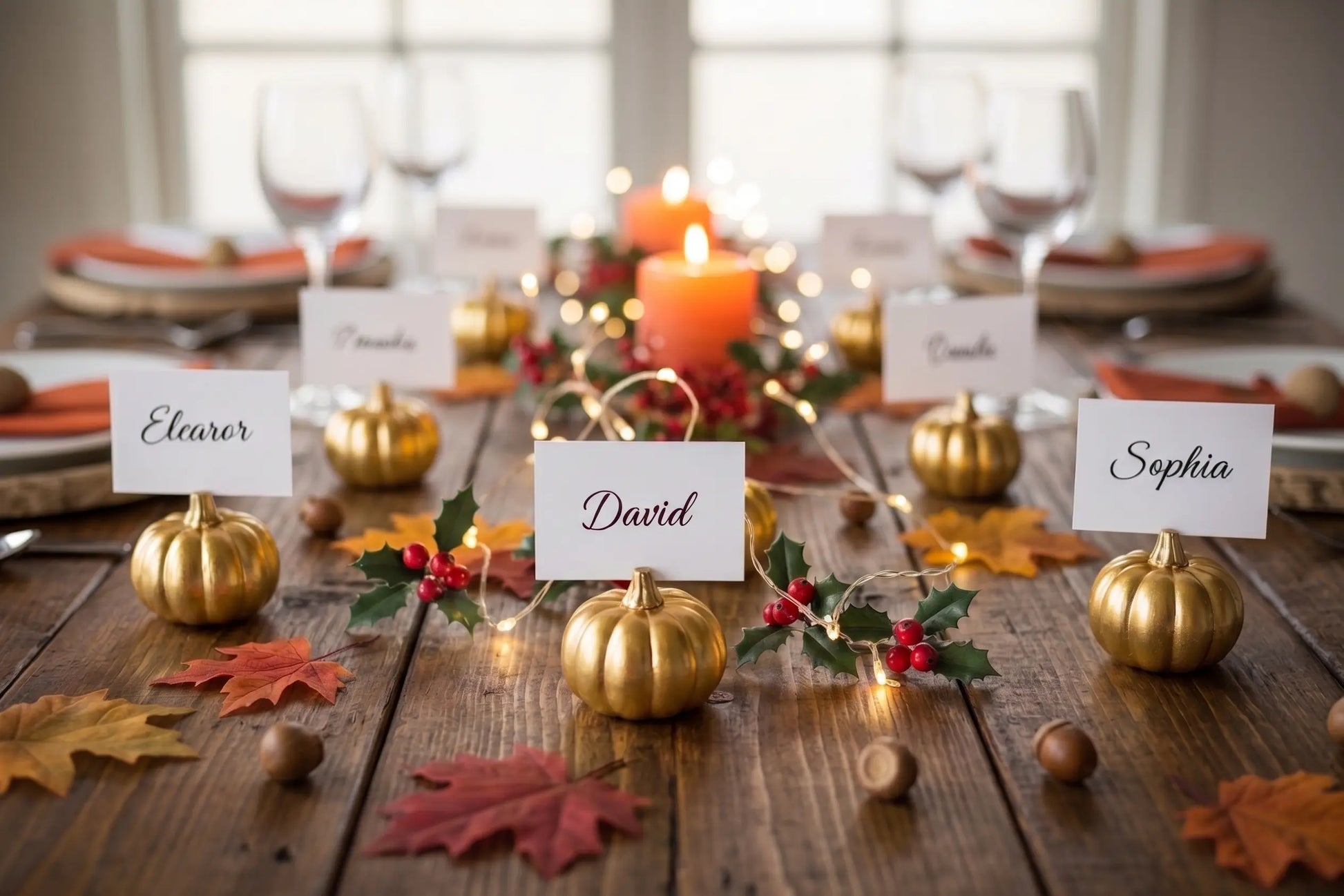 Festive table setting: gold pumpkins serving as place card holders with names "Eleanor", "David", "Sophia", red berries, maple leaves, burning orange candles, and a string light garland on a rustic wooden table.