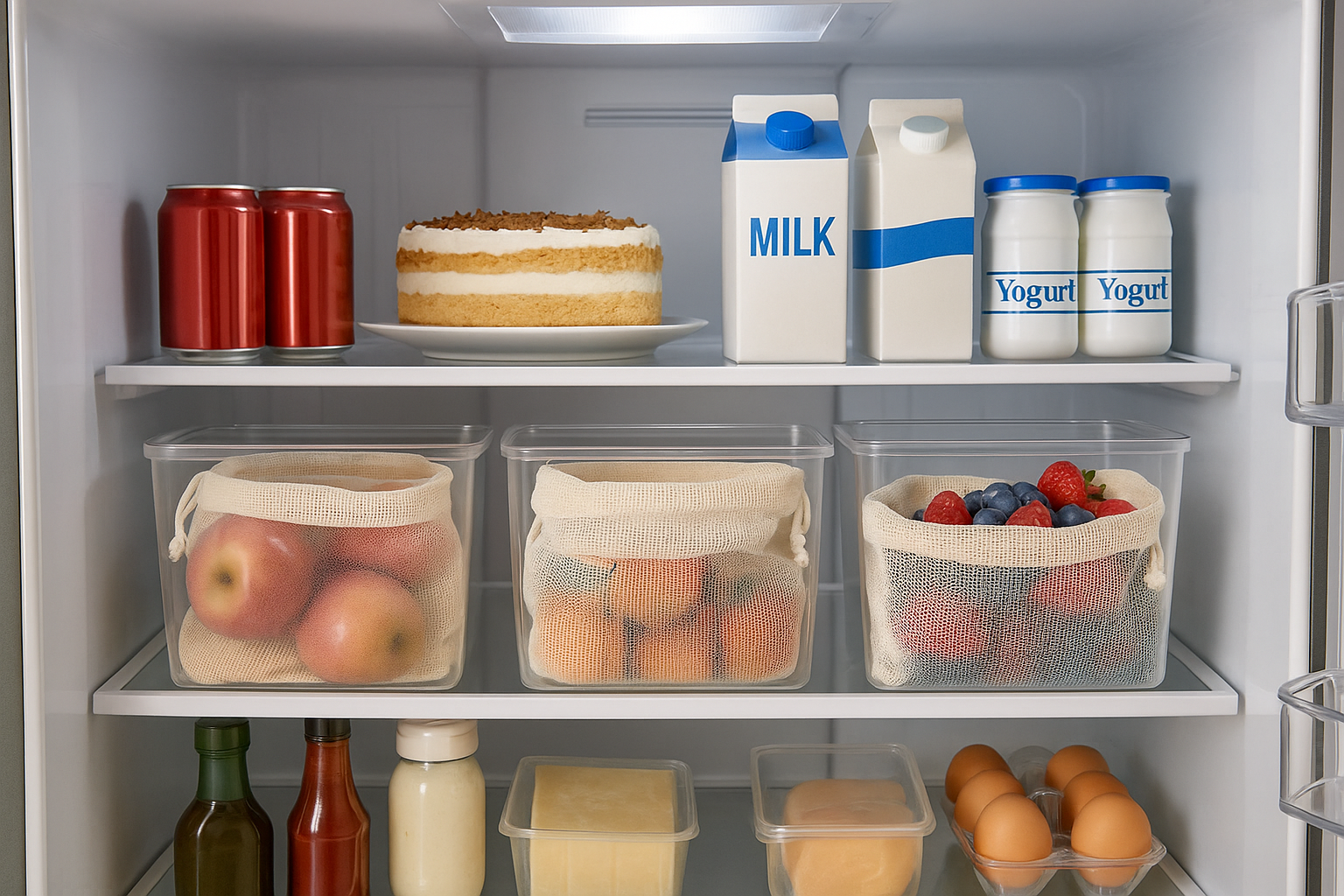Refrigerator with mesh produce bags in clear containers among soda cans, cake and other products