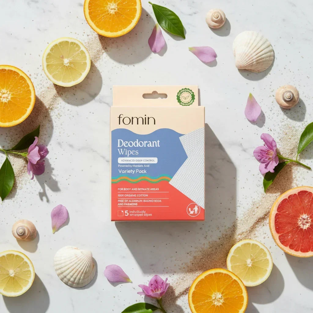 Fomin deodorant wipes variety pack box surrounded by citrus slices, flower petals, leaves, and seashells on marble surface
