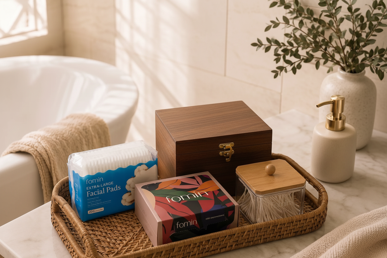 Natural woven vanity tray set with custom wooden facial towel dispenser, acrylic cotton pad container, and Fomin skincare essentials on a bathroom countertop
