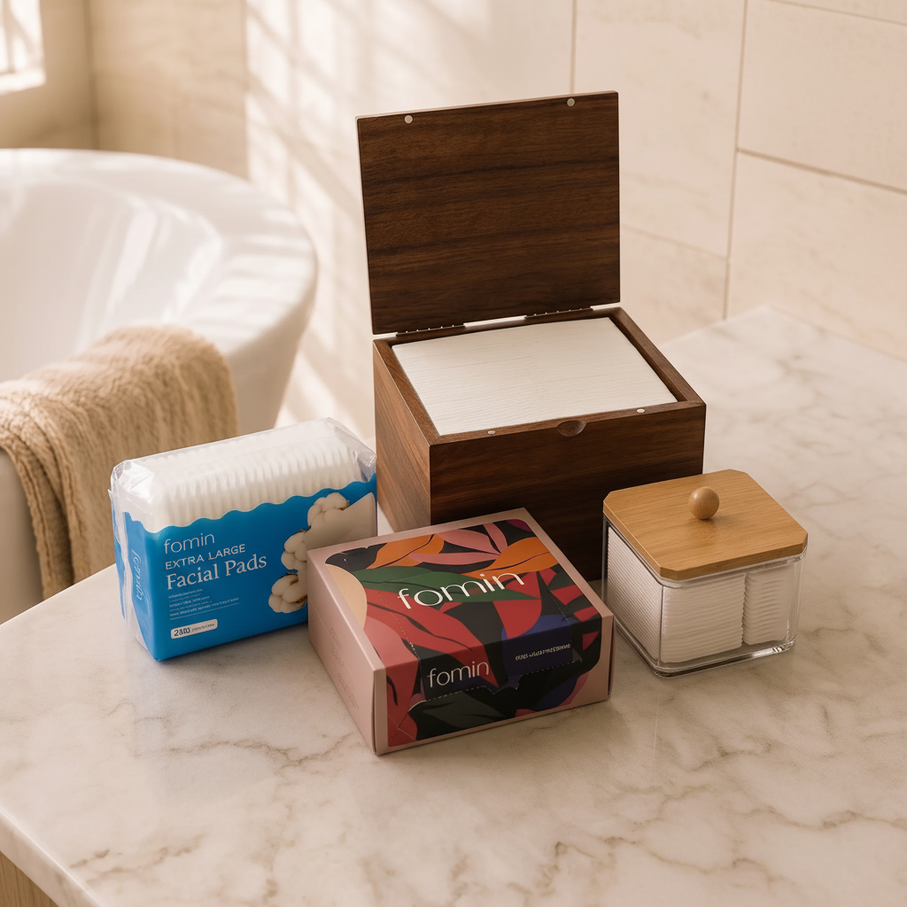 Handcrafted woven bathroom tray holding wooden facial towel box, clear cotton pad holder with bamboo lid, and Fomin eco clean towels