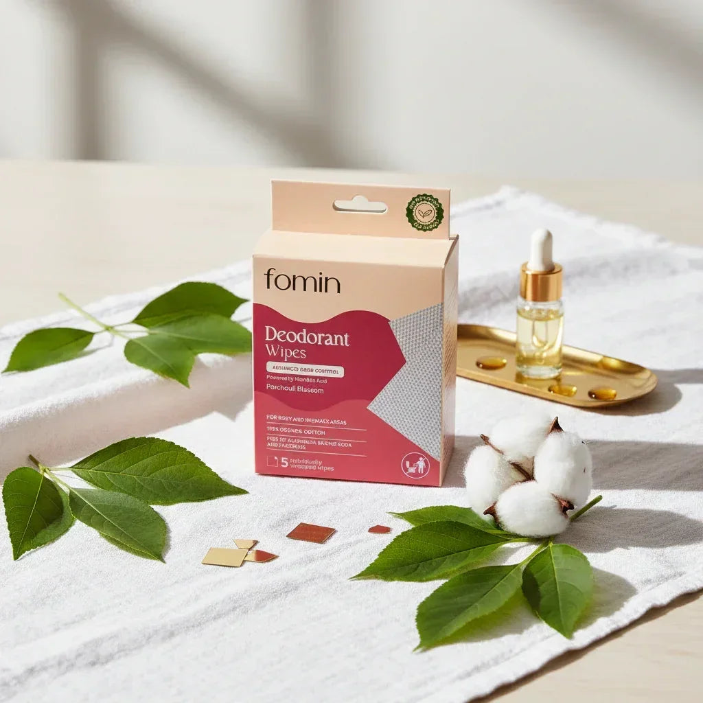 Fomin deodorant wipes box with Porchull Blossom scent on white cloth with green leaves, cotton, and glass dropper bottle