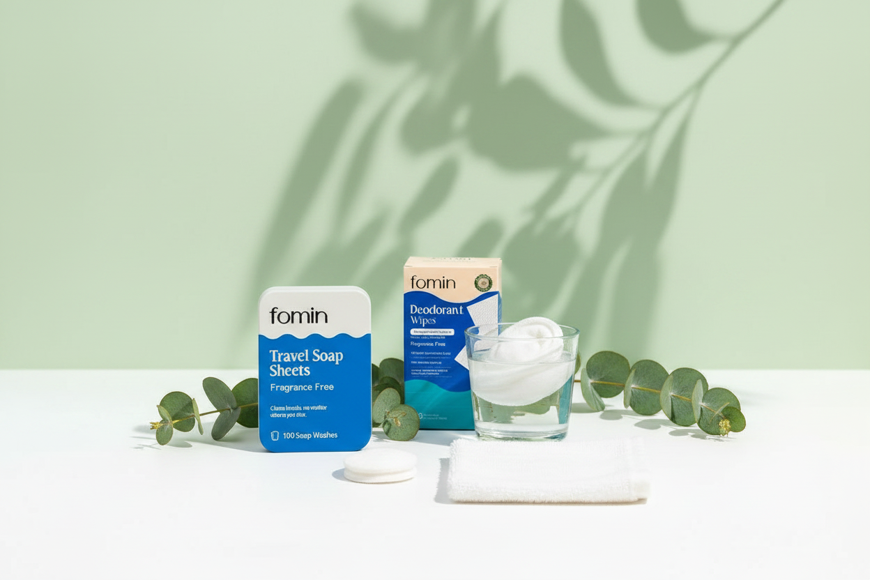 Spa-inspired travel hygiene set with eucalyptus — fragrance-free soap sheets, deodorant wipes and compressed towels for sensitive skin