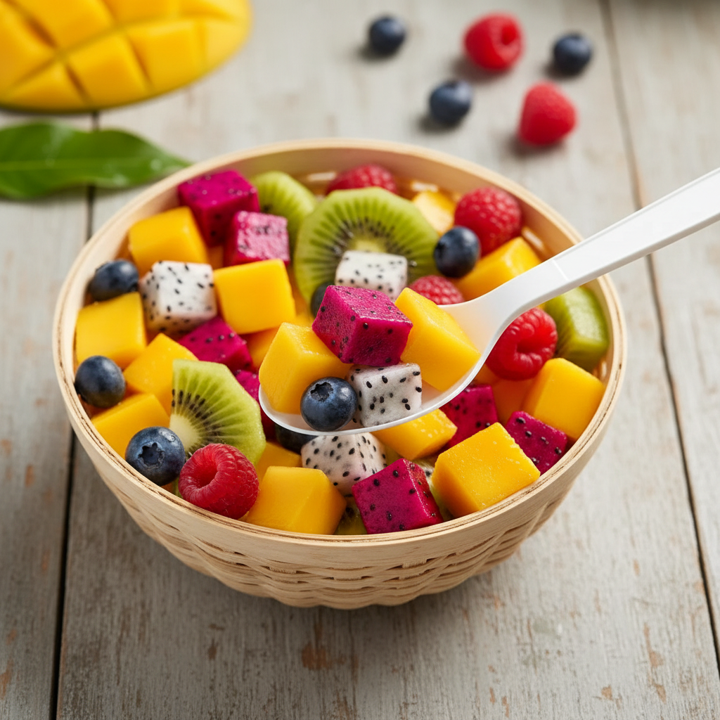 Spoon in fruit bowl
