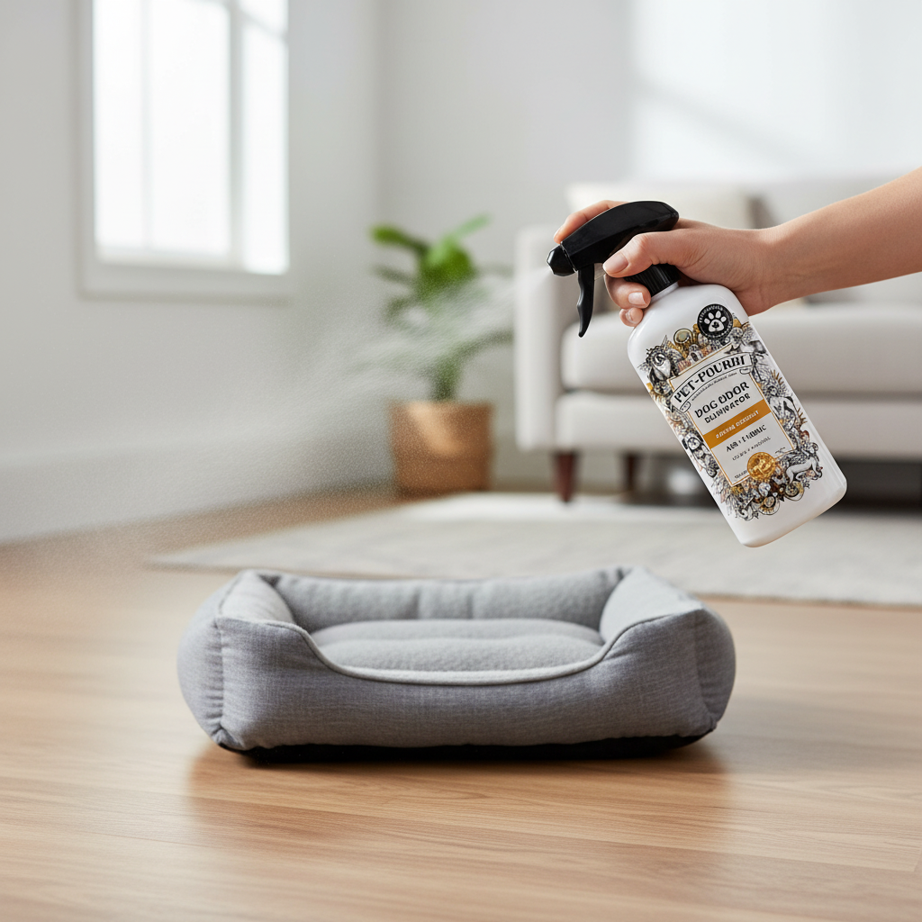 Spraying gray dog bed