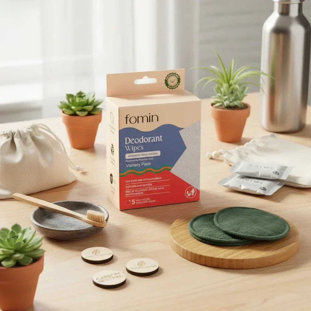 Fomin deodorant wipes variety pack with eco-friendly bamboo toothbrush, reusable pads, and potted succulents