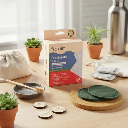 Fomin deodorant wipes variety pack with eco-friendly bamboo toothbrush, reusable pads, and potted succulents