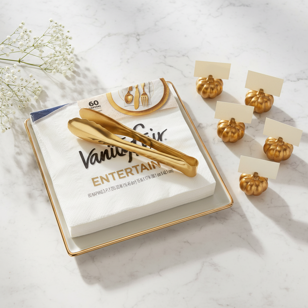 Thanksgiving gold table decor set with porcelain serving tray, gold tongs, Vanity Fair napkins, and 5 gold pumpkin place card holders on marble tabletop