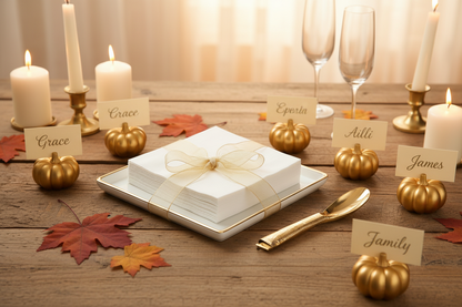 Complete autumn and Thanksgiving dinner table decor set featuring gold-rimmed platter, gold serving tongs, napkins, and pumpkin place card stands