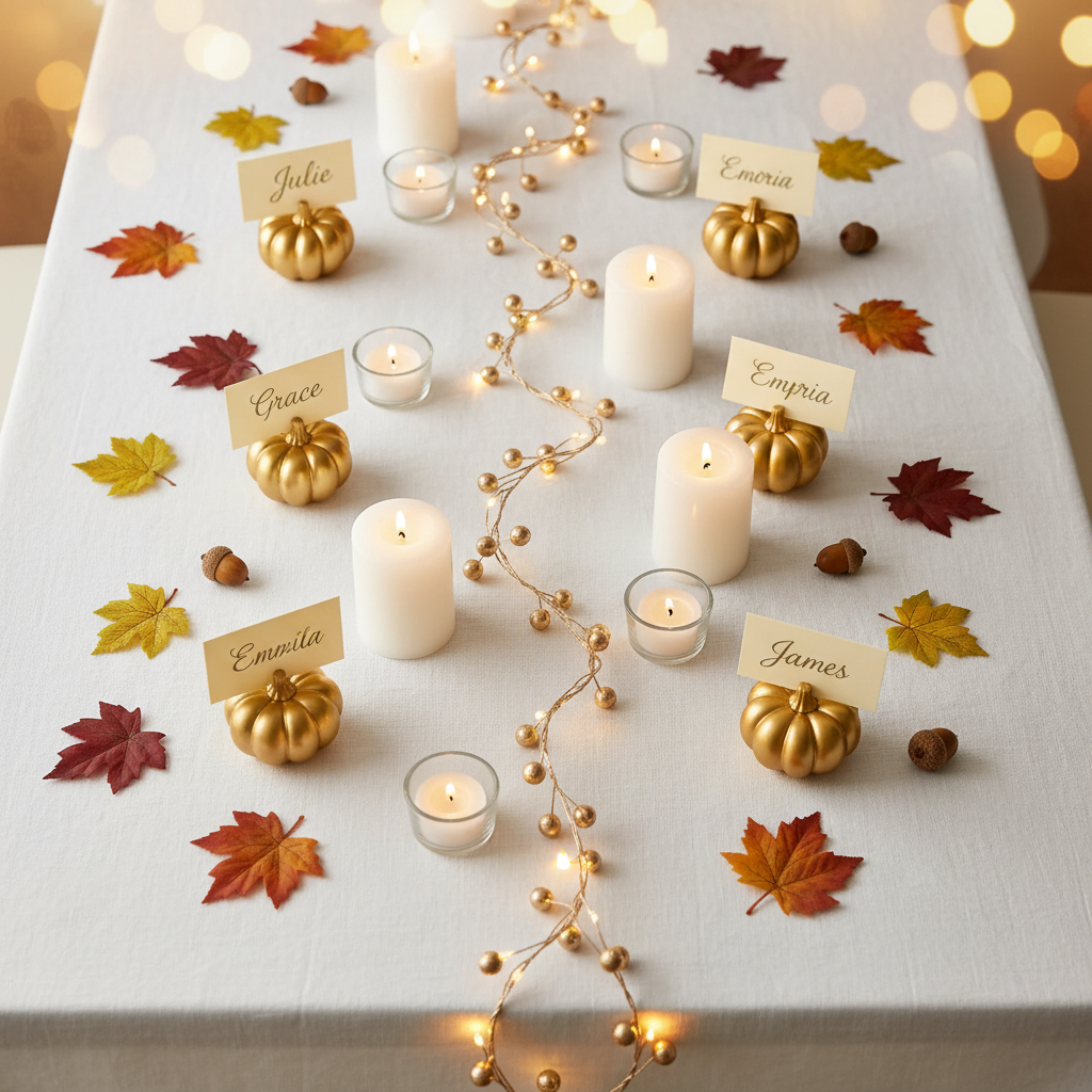 Cozy fall dinner party tablescape featuring metallic gold pumpkin card holders with name cards, warm fairy berry lights, and candles