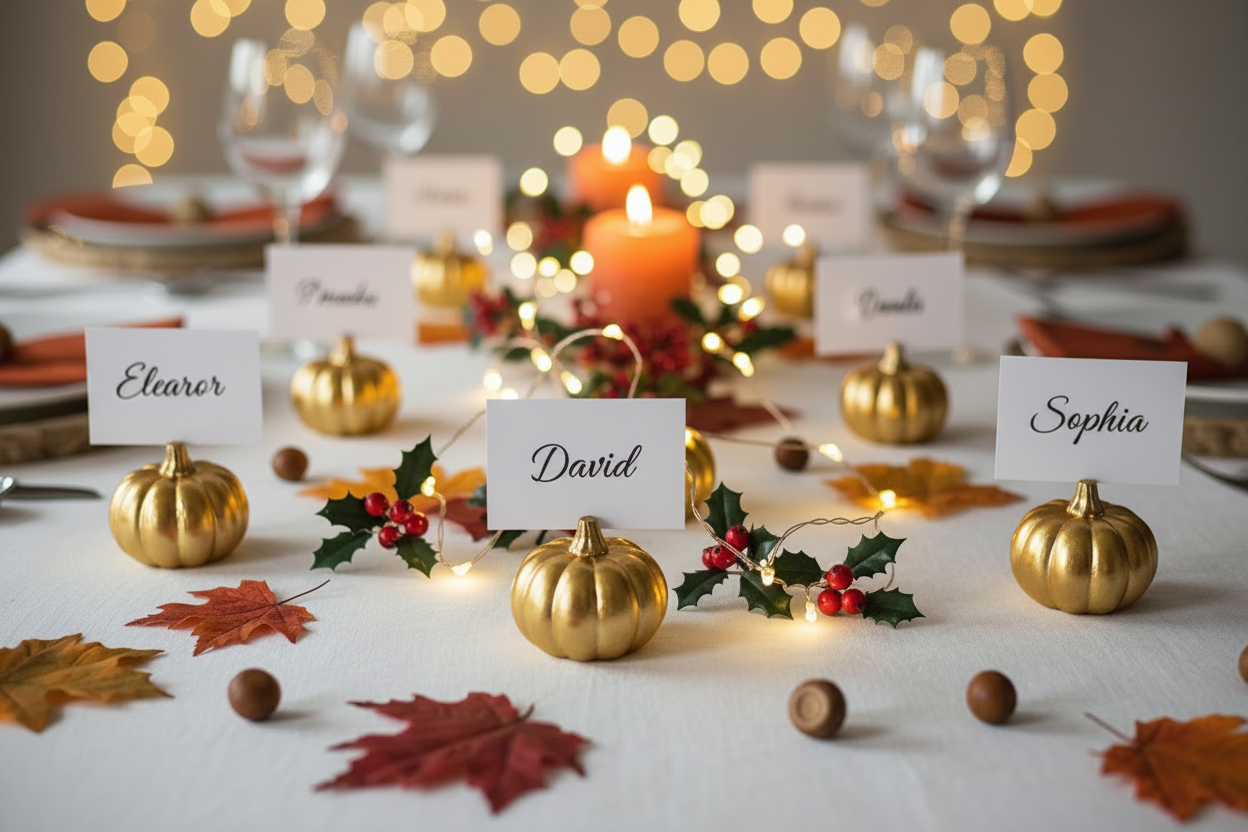 Close-up of gold pumpkin place card holder with name tag next to warm glowing holly red berry fairy lights.