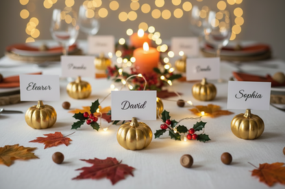 Close-up of gold pumpkin place card holder with name tag next to warm glowing holly red berry fairy lights.
