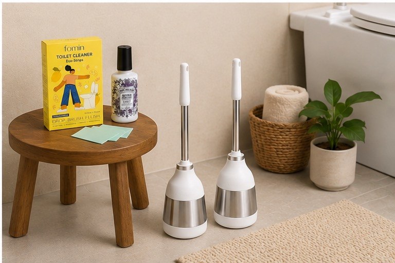 Modern rust-resistant stainless steel toilet brush showing bristle head in a clean bathroom setting.