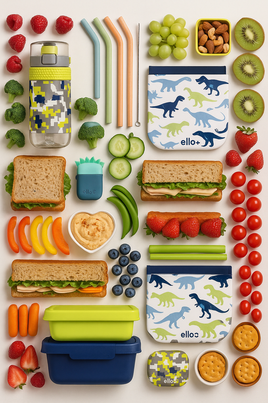 Top-down flat lay of Ello lunch set with healthy foods