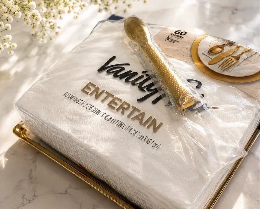 A curated hospitality set featuring a package of Vanity Fair Entertain 3-ply napkins arranged on a gold-rimmed glass tray, completed with matching gold hammered ice and appetizer tongs on a white marble background.