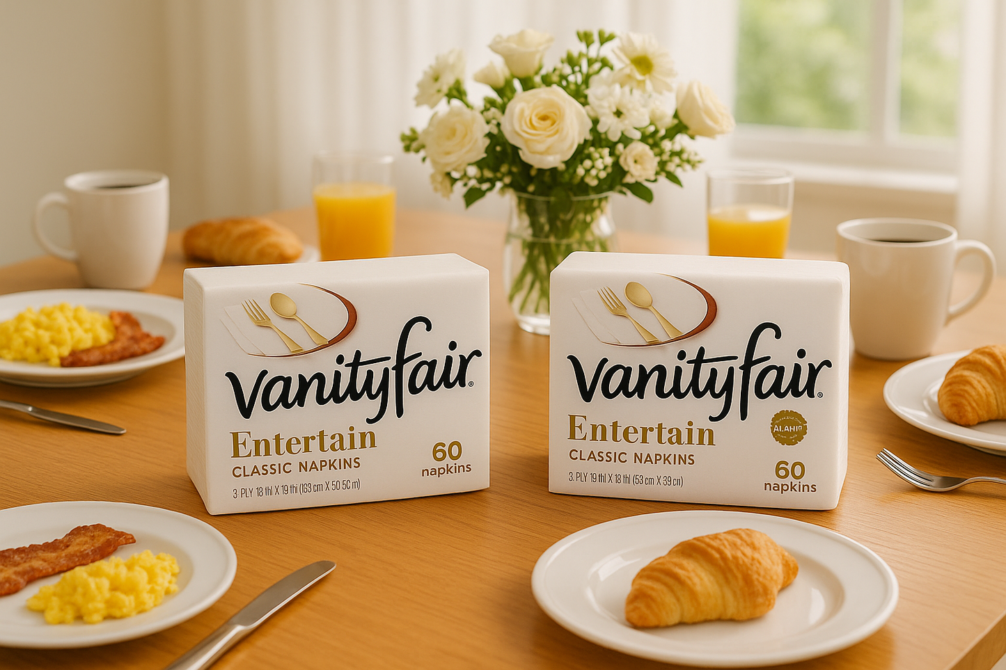 Two packs of Vanity Fair napkins on breakfast table
