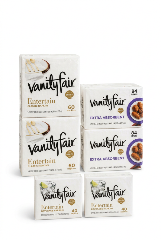 Six packs of Vanity Fair napkins: two Entertain 60 count, two Extra Absorbent 84 count and two Beverage 40 count
