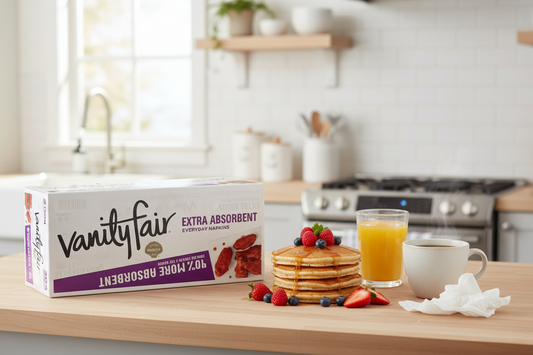 Vanity Fair Absorbent napkins on a kitchen counter with orange juice and pancakes.