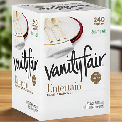 A package of Vanity Fair Everyday Casual Napkins, which is a product from One Use Classic. The package is white with the brand logo in black, and it indicates there are 200 napkins inside.