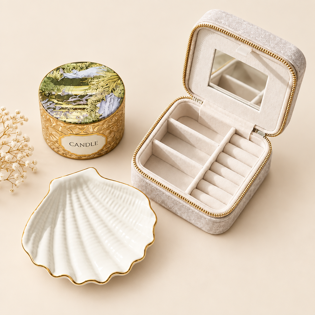 Luxury curated gift bundle containing an open champagne velvet travel jewelry case, ceramic white scallop shell dish with gold rim, and artisanal floral tin candle