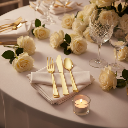 Wedding table setting with gold cutlery