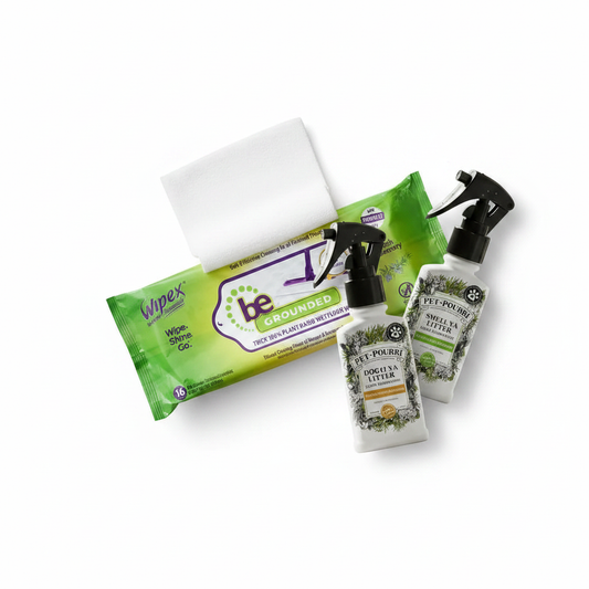 A bundle of natural pet home cleaning products including a coconut odor eliminator spray, a cat bamboo odor refresher, and Wipex floor cleaning pads.
