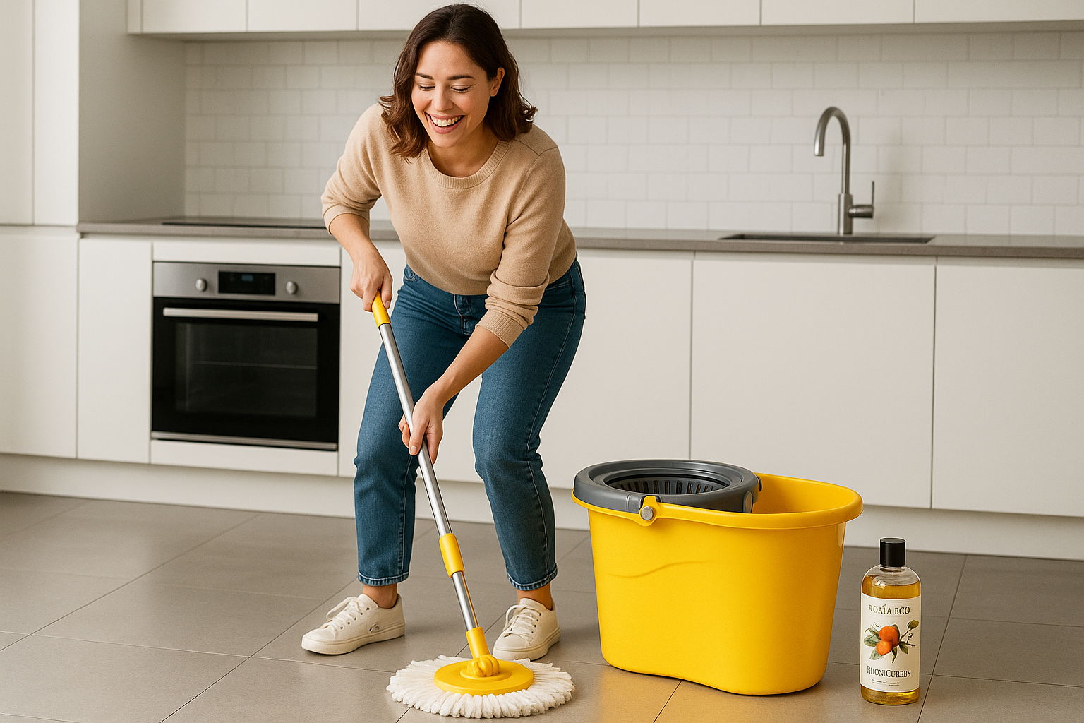 Woman with bright yellow modern spin mop system