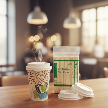 Spill-proof hot beverage travel kit. Insulated textured coffee cup with a matching reclosable lid and a large pack of smooth 7" bamboo stirrers. Perfect for daily commutes and on-the-go drinks.